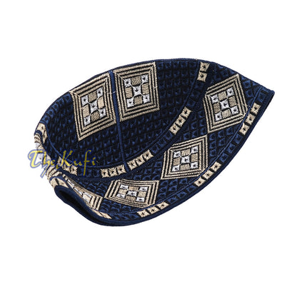 Dark Navy Blue Beige White Diamond Intricately Embroidered Design Pakistan Kufi