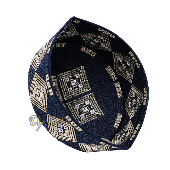 Dark Navy Blue Beige White Diamond Intricately Embroidered Design Pakistan Kufi