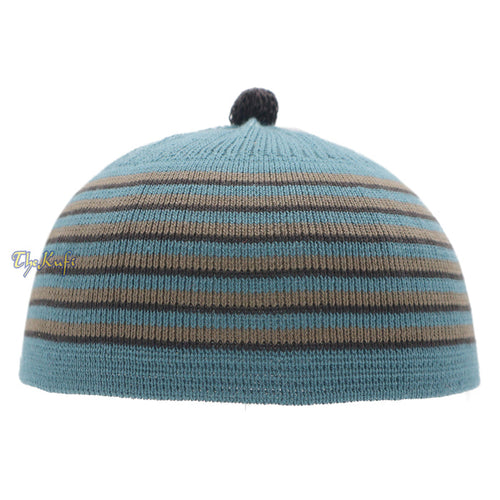 Dark Teal with Brown & Black Lines Baby Or Infant Kufi pom-pom Beanie