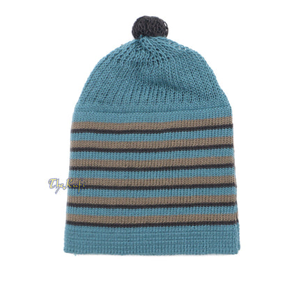 Dark Teal with Brown & Black Lines Baby Or Infant Kufi pom-pom Beanie