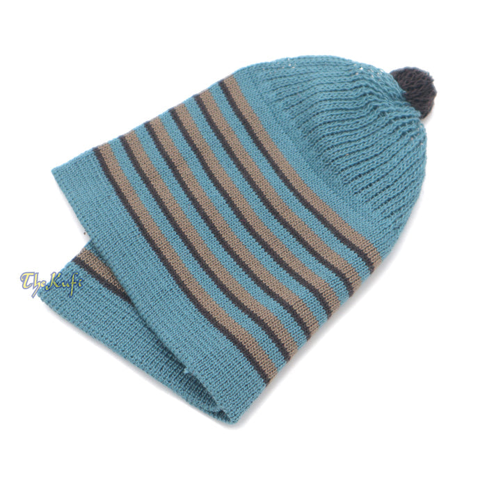 Dark Teal with Brown & Black Lines Baby Or Infant Kufi pom-pom Beanie
