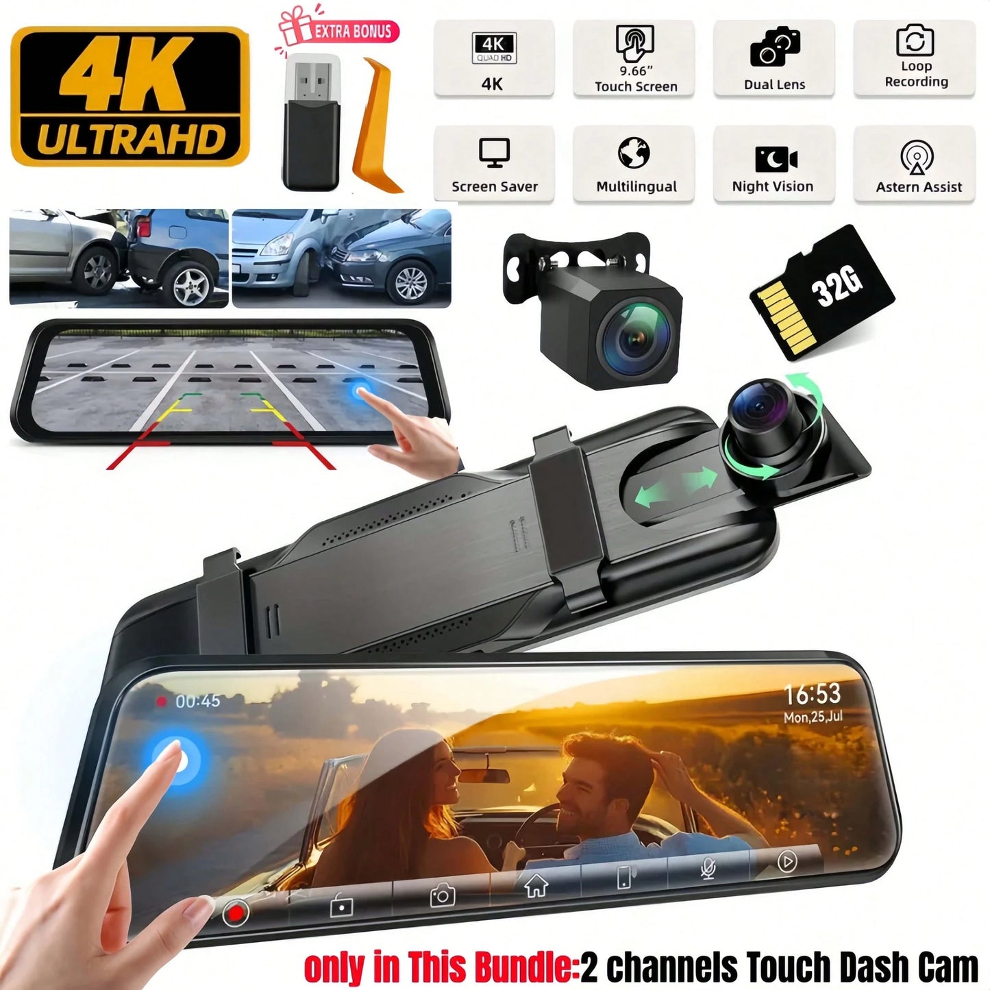 Dash Cam For Cars 4k, Rear View Mirror Camera, Back Up Cameras For Vehicles, 9.66" Mirror Dash Cam With 4K Front & 720P Rear Camera| Dimming Rearview Display| Touch Screen Operation| Reversing Imag