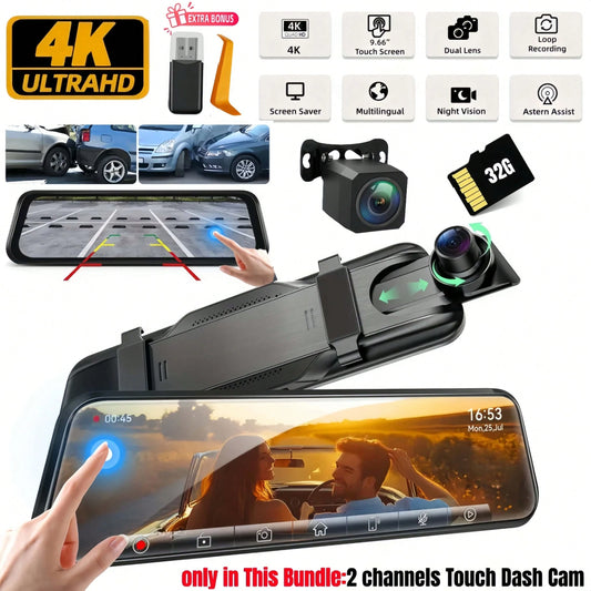 Dash Cam For Cars 4k, Rear View Mirror Camera, Back Up Cameras For Vehicles, 9.66" Mirror Dash Cam With 4K Front & 720P Rear Camera| Dimming Rearview Display| Touch Screen Operation| Reversing Imag