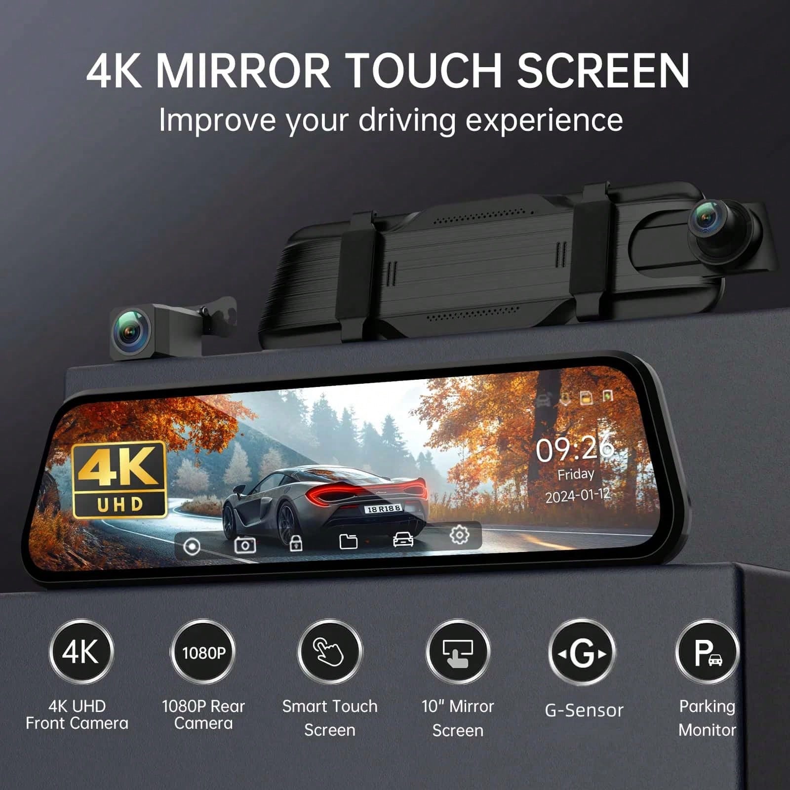 Dash Cam For Cars 4k, Rear View Mirror Camera, Back Up Cameras For Vehicles, 9.66" Mirror Dash Cam With 4K Front & 720P Rear Camera| Dimming Rearview Display| Touch Screen Operation| Reversing Imag