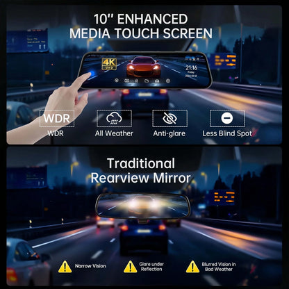 Dash Cam For Cars 4k, Rear View Mirror Camera, Back Up Cameras For Vehicles, 9.66" Mirror Dash Cam With 4K Front & 720P Rear Camera| Dimming Rearview Display| Touch Screen Operation| Reversing Imag