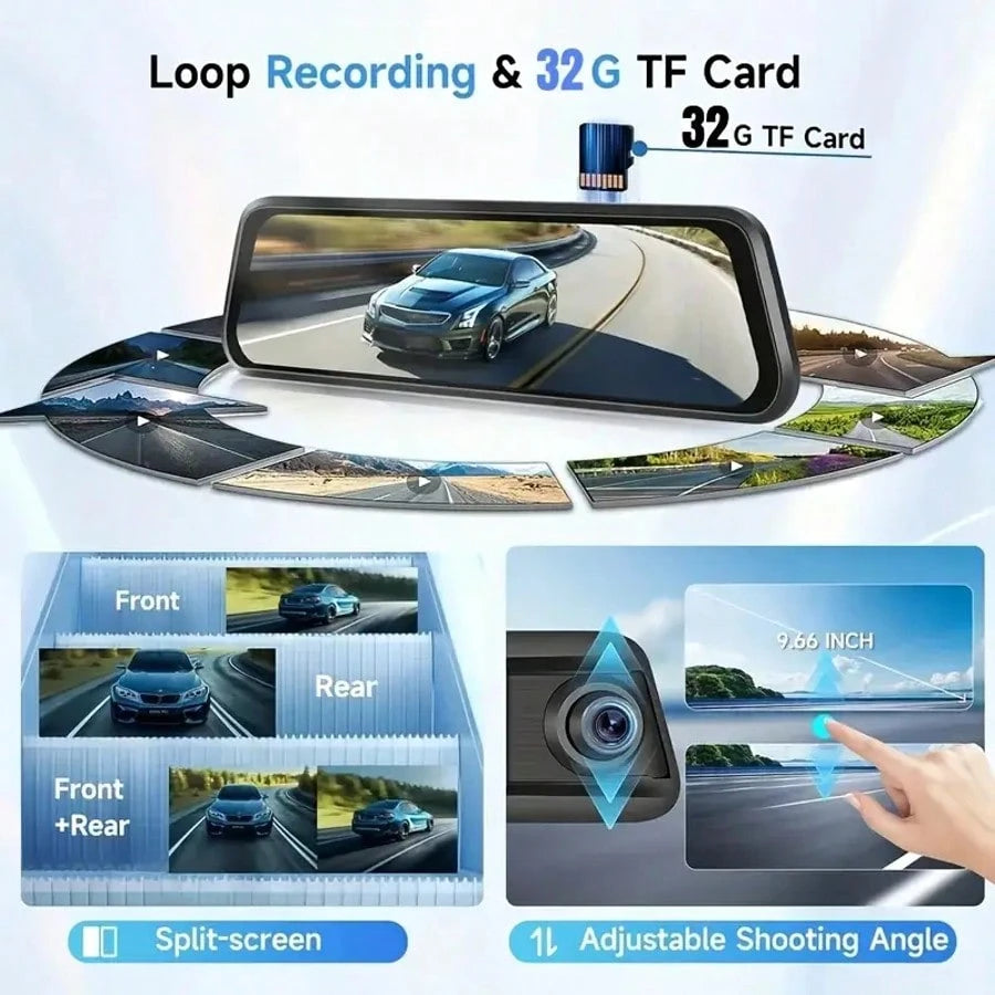 Dash Cam For Cars 4k, Rear View Mirror Camera, Back Up Cameras For Vehicles, 9.66" Mirror Dash Cam With 4K Front & 720P Rear Camera| Dimming Rearview Display| Touch Screen Operation| Reversing Imag