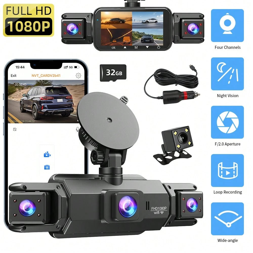 Dash Camera 32GB Memory Card Dash Cams For Cars Wireless Loop Recording 4 Channel WIFI G-Sensor Car Backup Camera Rear View Camera 3.0 Inch Screen High Definition Wide-Angle Camera