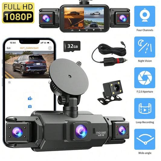 Dash Camera 32GB Memory Card Dash Cams For Cars Wireless Loop Recording 4 Channel WIFI G-Sensor Car Backup Camera Rear View Camera 3.0 Inch Screen High Definition Wide-Angle Camera