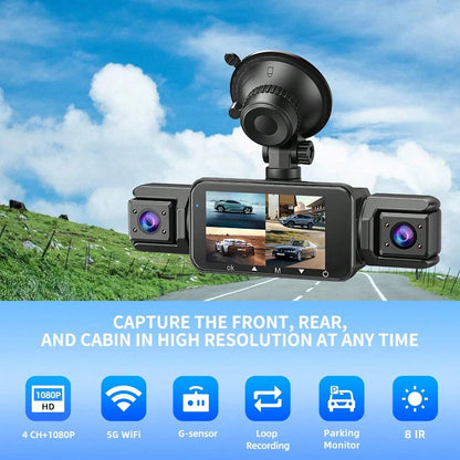 Dash Camera 32GB Memory Card Dash Cams For Cars Wireless Loop Recording 4 Channel WIFI G-Sensor Car Backup Camera Rear View Camera 3.0 Inch Screen High Definition Wide-Angle Camera