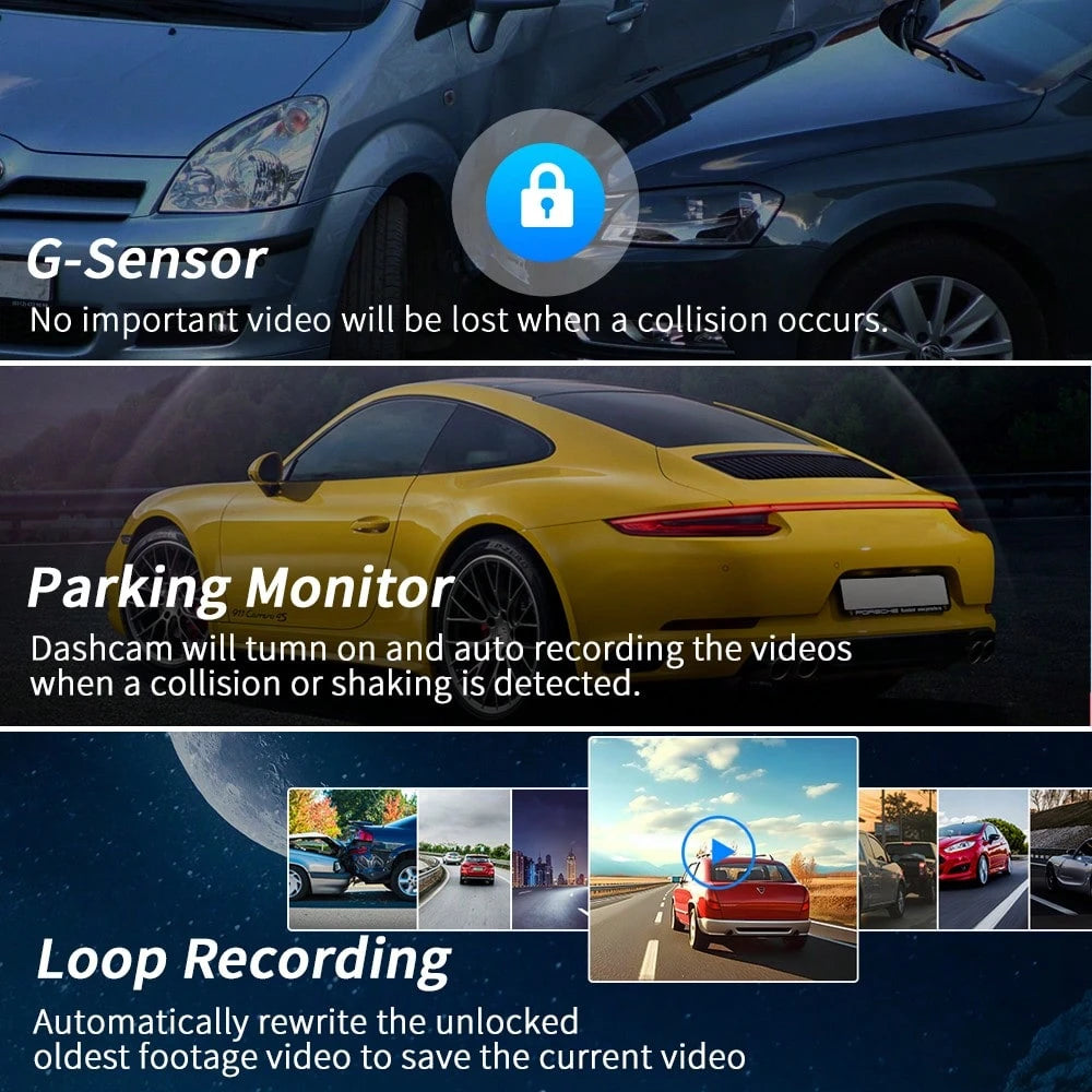 Dash Camera 32GB Memory Card Dash Cams For Cars Wireless Loop Recording 4 Channel WIFI G-Sensor Car Backup Camera Rear View Camera 3.0 Inch Screen High Definition Wide-Angle Camera