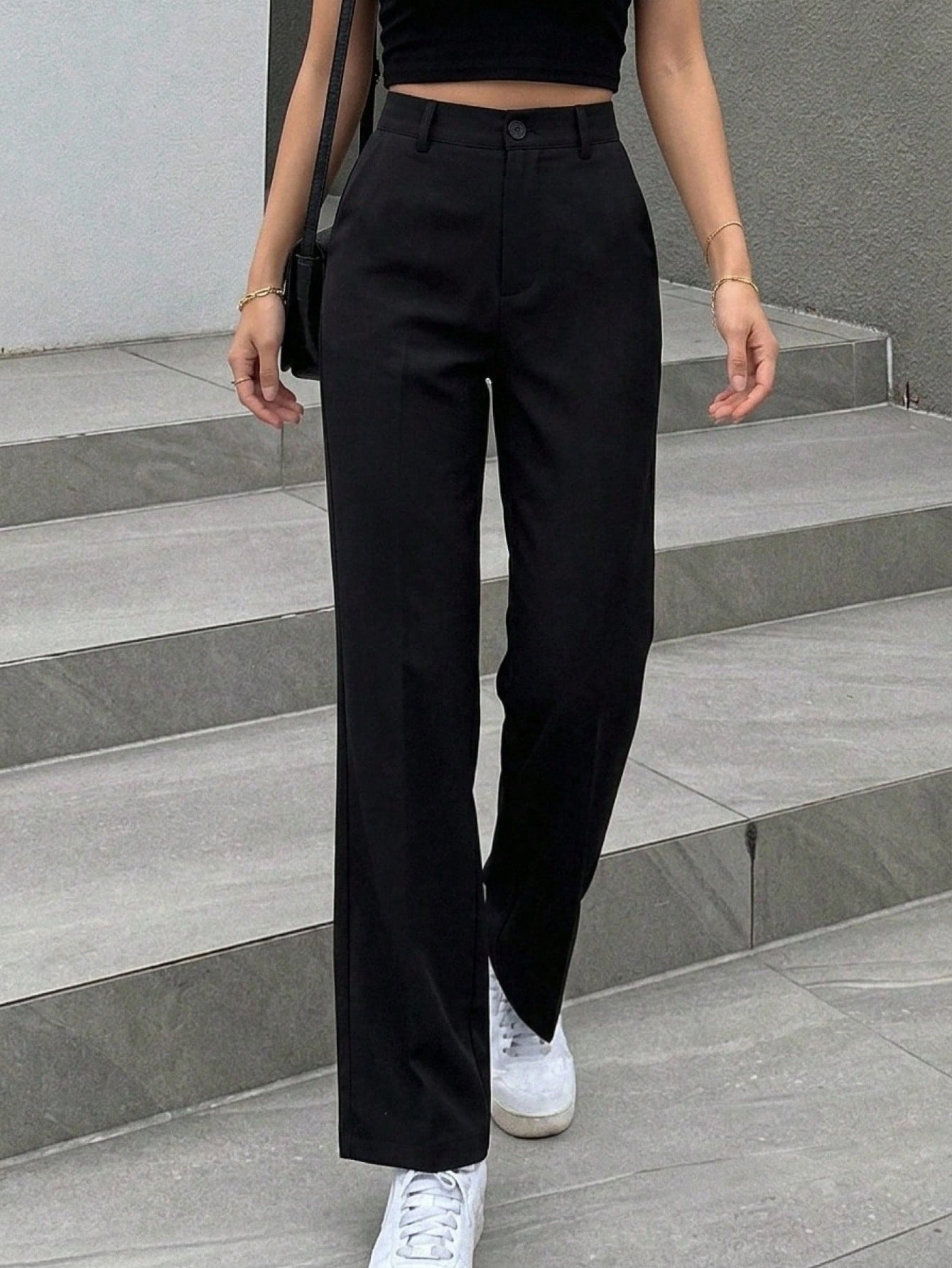 Dazy Designer Women's Black Business Casual Pants,Elegant Straight Leg Winter Dress Pants For Work,School,Spring/Fall Ladies Regular Fit Flare Long Pocket Trousers