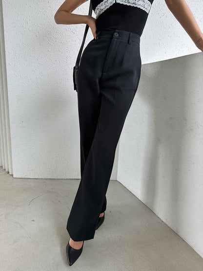 Dazy Designer Women's Black Business Casual Pants,Elegant Straight Leg Winter Dress Pants For Work,School,Spring/Fall Ladies Regular Fit Flare Long Pocket Trousers
