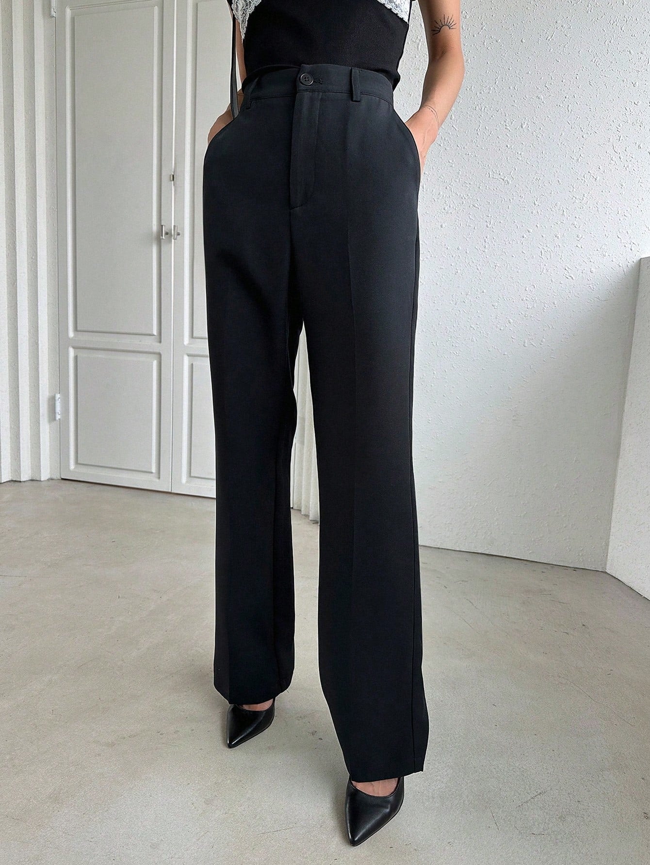 Dazy Designer Women's Black Business Casual Pants,Elegant Straight Leg Winter Dress Pants For Work,School,Spring/Fall Ladies Regular Fit Flare Long Pocket Trousers