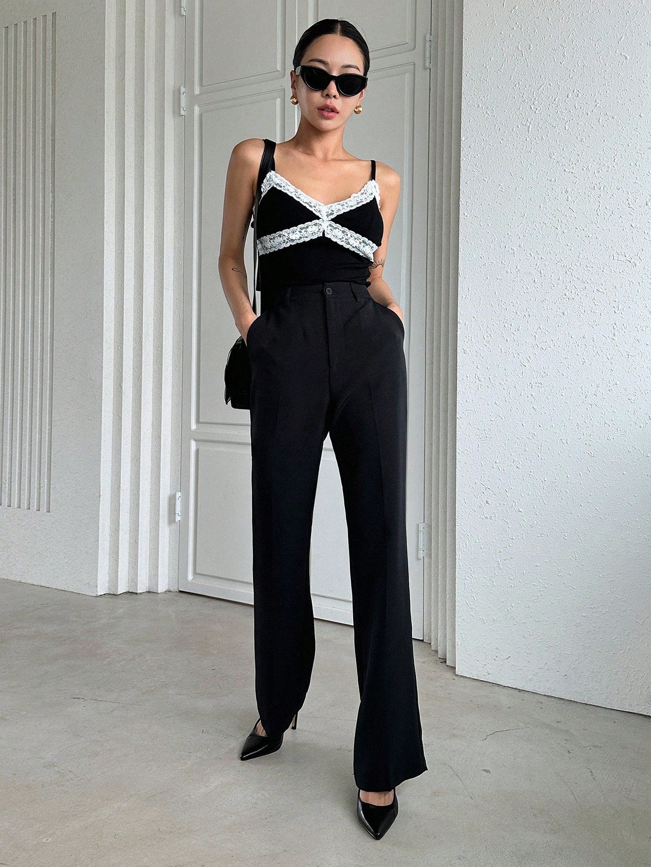 Dazy Designer Women's Black Business Casual Pants,Elegant Straight Leg Winter Dress Pants For Work,School,Spring/Fall Ladies Regular Fit Flare Long Pocket Trousers