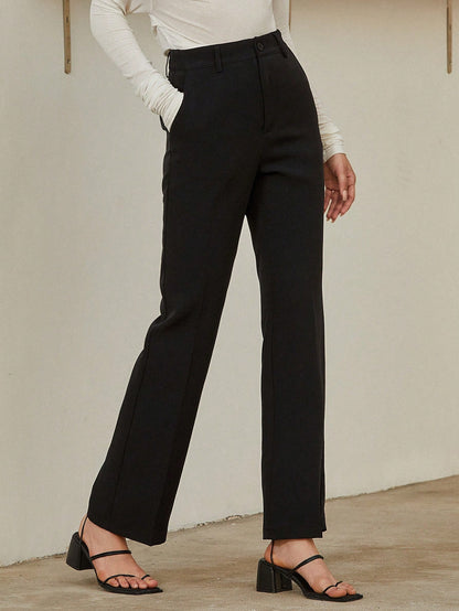 Dazy Designer Women's Black Business Casual Pants,Elegant Straight Leg Winter Dress Pants For Work,School,Spring/Fall Ladies Regular Fit Flare Long Pocket Trousers