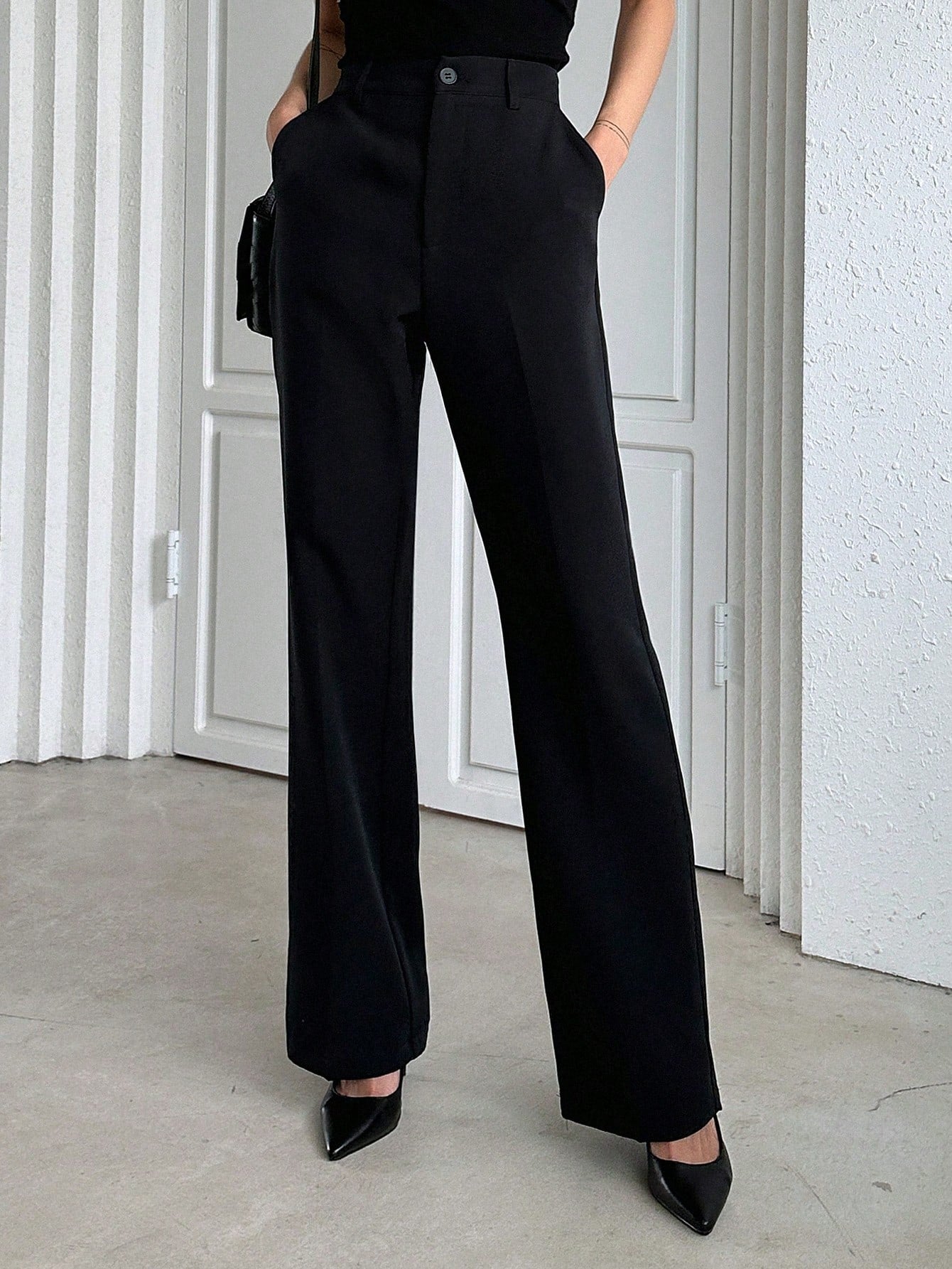 Dazy Designer Women's Black Business Casual Pants,Elegant Straight Leg Winter Dress Pants For Work,School,Spring/Fall Ladies Regular Fit Flare Long Pocket Trousers