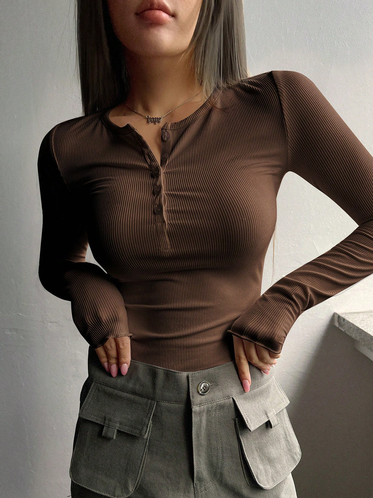 DAZY Half Button Ribbed Knit Slim Fit Tee,Fall Clothes Long Sleeve Women Tops