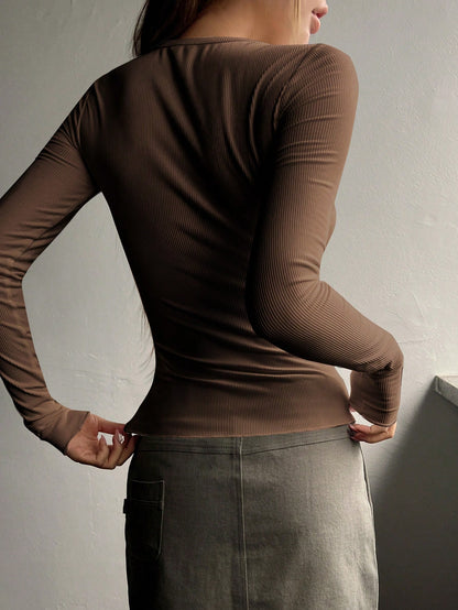 DAZY Half Button Ribbed Knit Slim Fit Tee,Fall Clothes Long Sleeve Women Tops