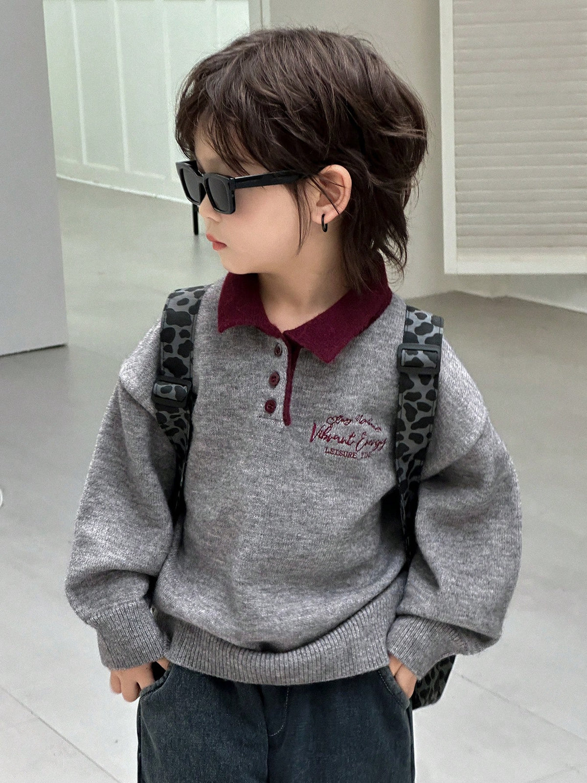 Dazy Kids Young Boy Casual Everyday Commute School Style Letter Embroidery Contrast Color Polo Neck Loose Knit Sweater, Autumn/Winter