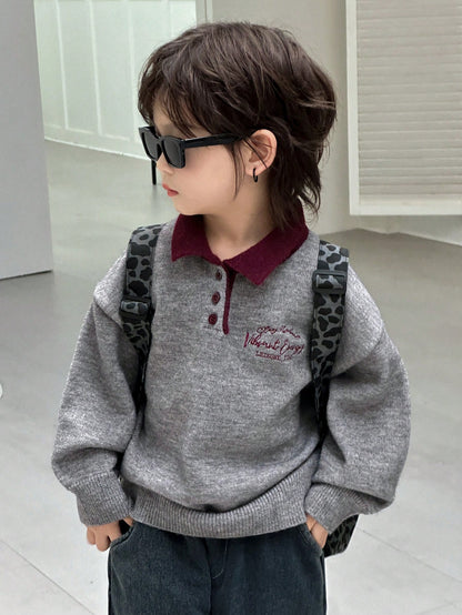Dazy Kids Young Boy Casual Everyday Commute School Style Letter Embroidery Contrast Color Polo Neck Loose Knit Sweater, Autumn/Winter