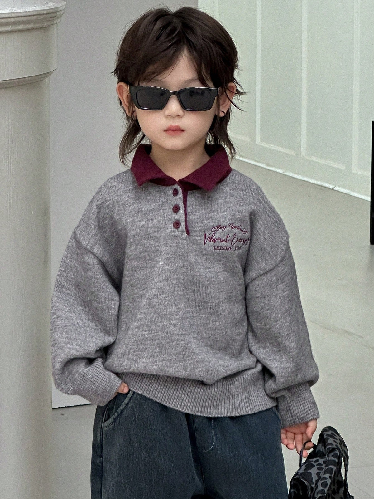 Dazy Kids Young Boy Casual Everyday Commute School Style Letter Embroidery Contrast Color Polo Neck Loose Knit Sweater, Autumn/Winter