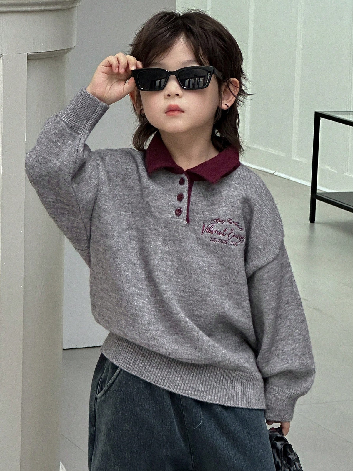 Dazy Kids Young Boy Casual Everyday Commute School Style Letter Embroidery Contrast Color Polo Neck Loose Knit Sweater, Autumn/Winter