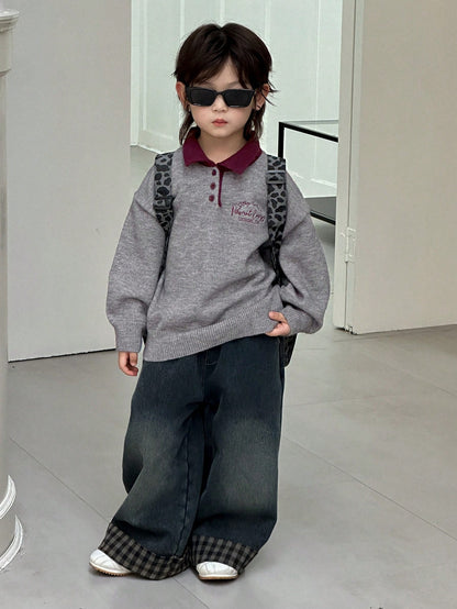 Dazy Kids Young Boy Casual Everyday Commute School Style Letter Embroidery Contrast Color Polo Neck Loose Knit Sweater, Autumn/Winter