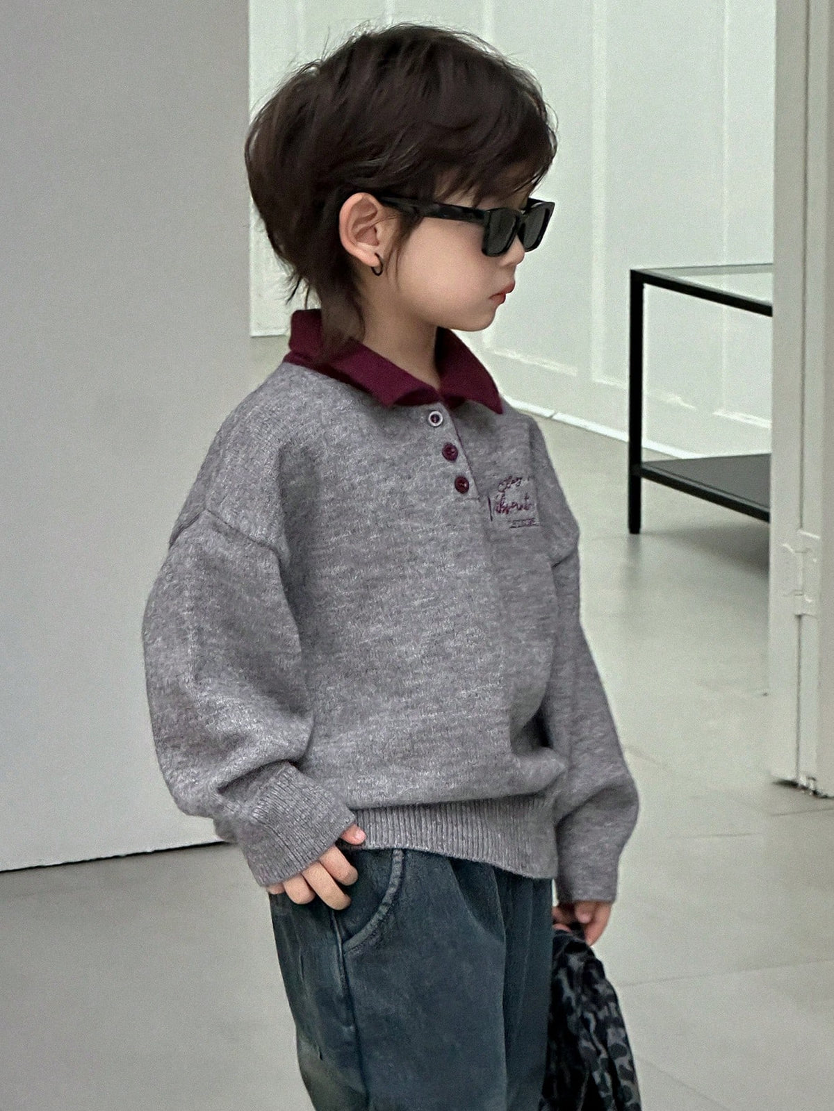Dazy Kids Young Boy Casual Everyday Commute School Style Letter Embroidery Contrast Color Polo Neck Loose Knit Sweater, Autumn/Winter