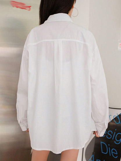 DAZY Solid Drop Shoulder Button Up Oversized Shirt,Long Sleeve Tops,Fall Clothes