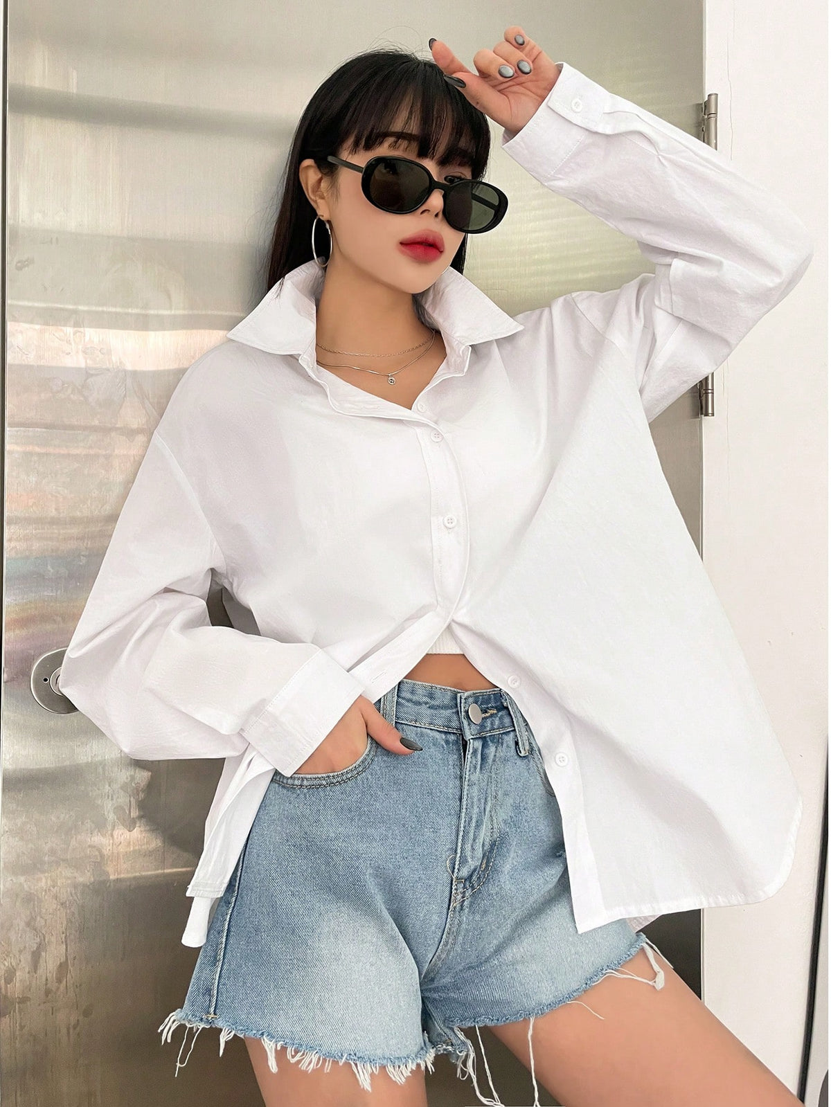 DAZY Solid Drop Shoulder Button Up Oversized Shirt,Long Sleeve Tops,Fall Clothes