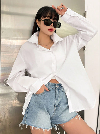 DAZY Solid Drop Shoulder Button Up Oversized Shirt,Long Sleeve Tops,Fall Clothes
