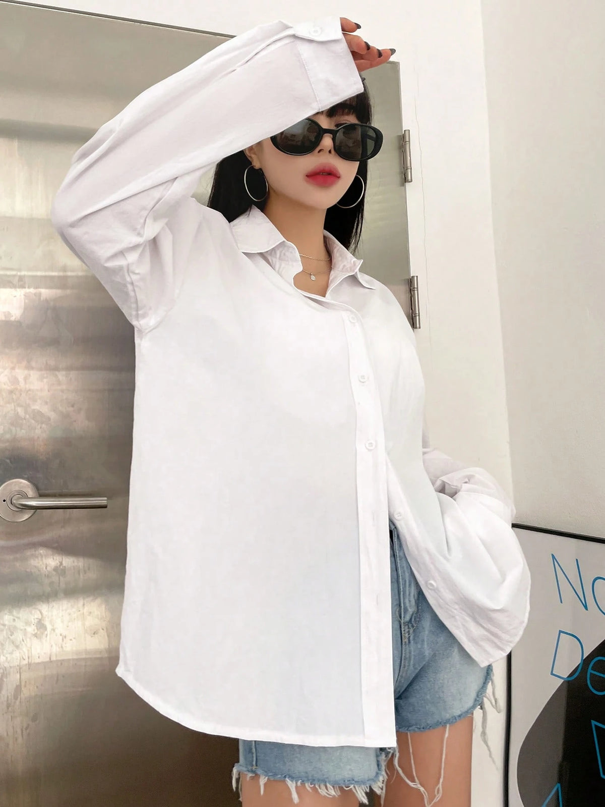 DAZY Solid Drop Shoulder Button Up Oversized Shirt,Long Sleeve Tops,Fall Clothes