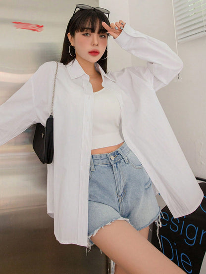 DAZY Solid Drop Shoulder Button Up Oversized Shirt,Long Sleeve Tops,Fall Clothes