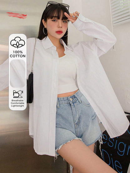 DAZY Solid Drop Shoulder Button Up Oversized Shirt,Long Sleeve Tops,Fall Clothes
