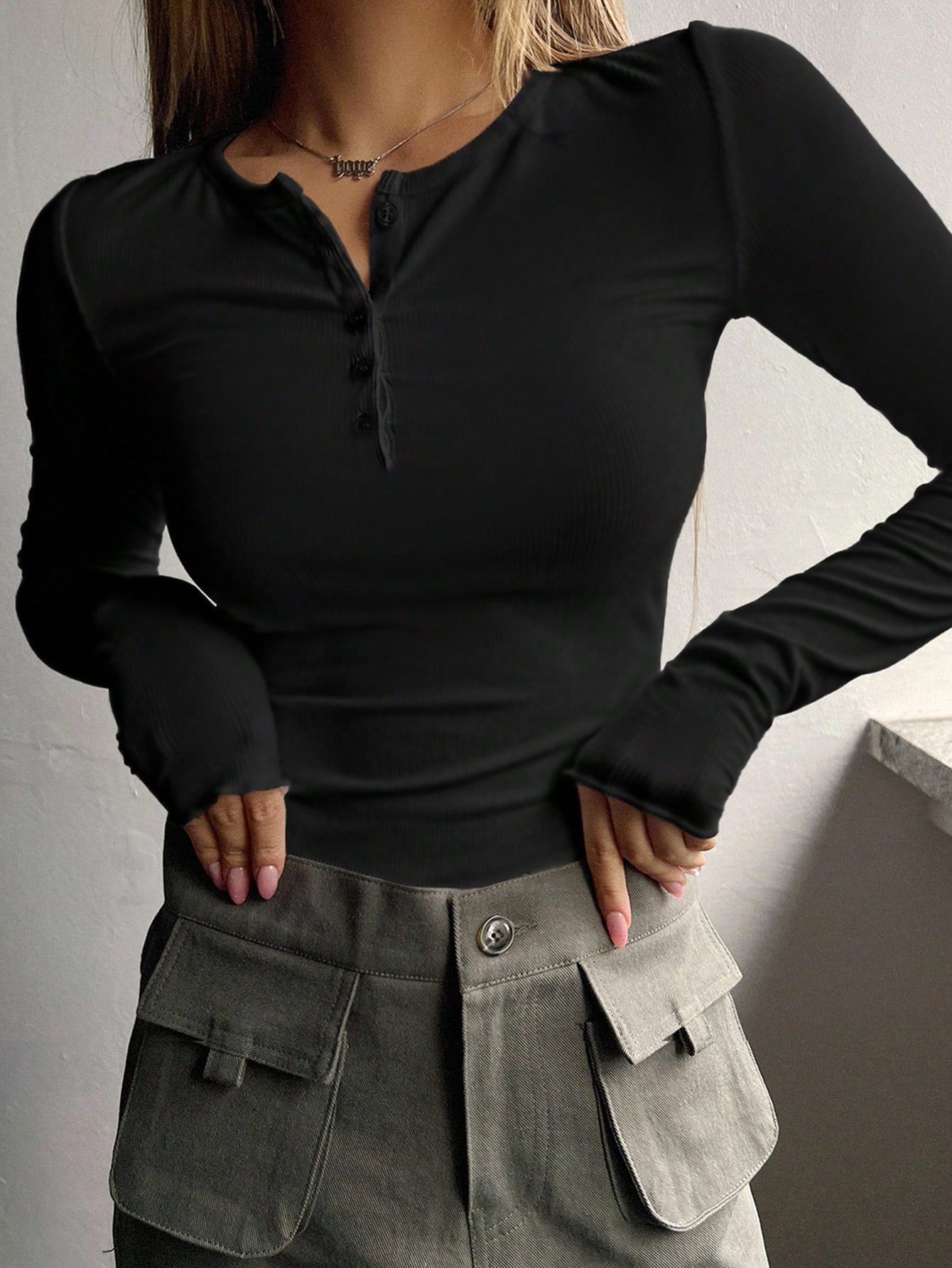 DAZY Spring Summer Elegant Fitted Basic Base Layer Long Sleeve Cotton-Feel T-Shirt