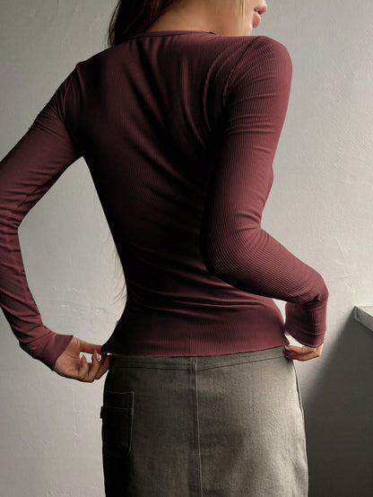 DAZY Spring Summer Elegant Fitted Basic Base Layer Long Sleeve Cotton-Feel T-Shirt