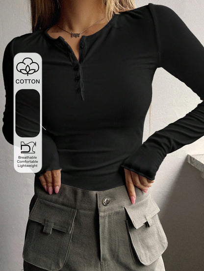 DAZY Spring Summer Elegant Fitted Basic Base Layer Long Sleeve Cotton-Feel T-Shirt