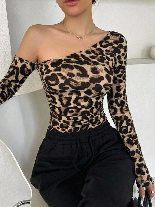 Dazy Star Women's Leopard Print Long Sleeve Asymmetrical Shoulder Fitted T-Shirt
