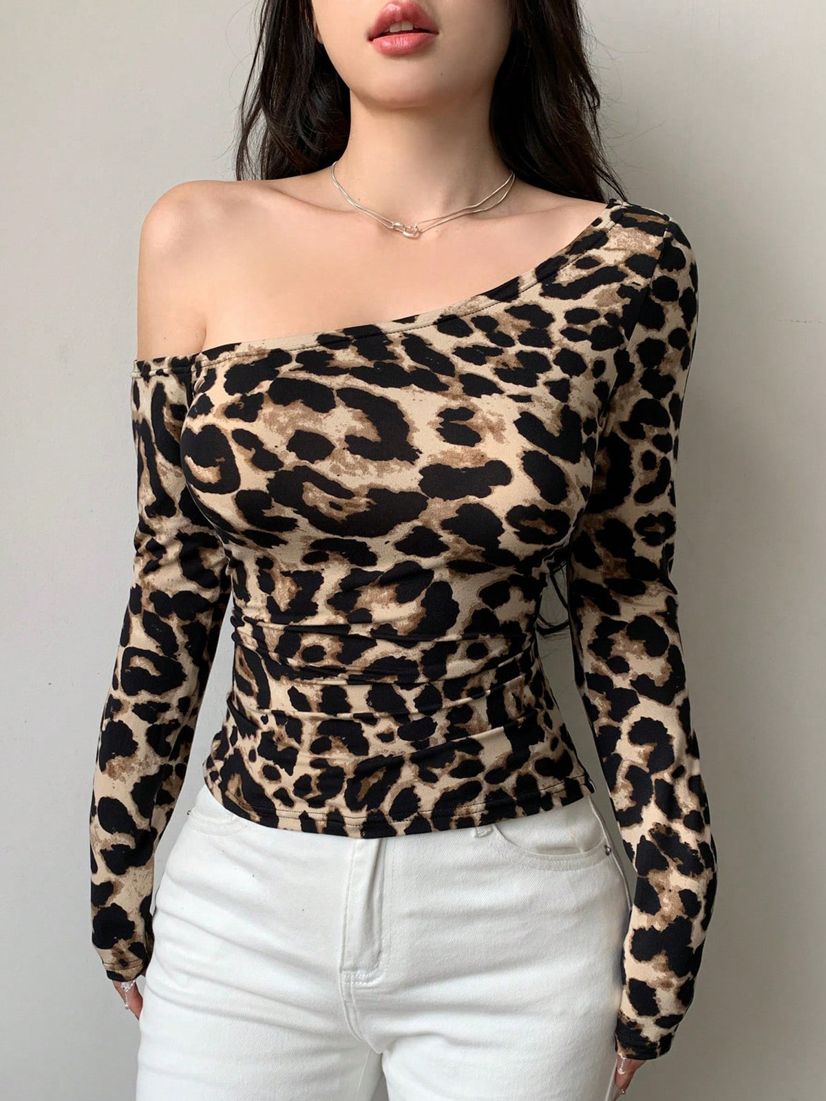 Dazy Star Women's Leopard Print Long Sleeve Asymmetrical Shoulder Fitted T-Shirt