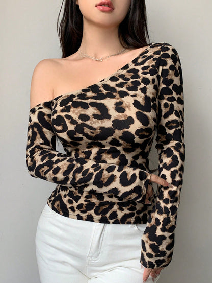 Dazy Star Women's Leopard Print Long Sleeve Asymmetrical Shoulder Fitted T-Shirt