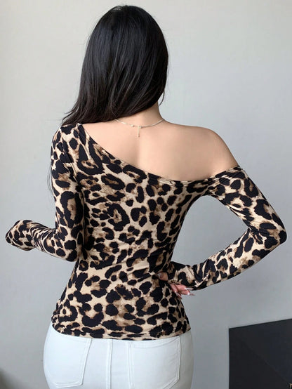 Dazy Star Women's Leopard Print Long Sleeve Asymmetrical Shoulder Fitted T-Shirt