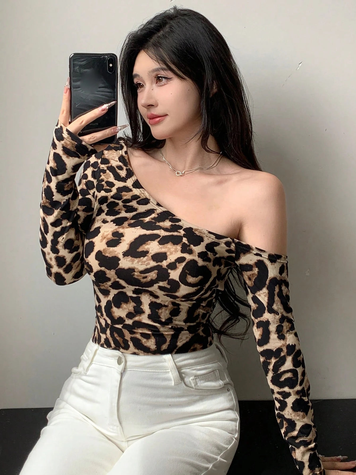 Dazy Star Women's Leopard Print Long Sleeve Asymmetrical Shoulder Fitted T-Shirt