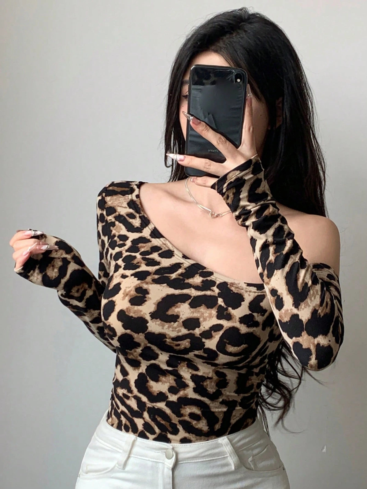 Dazy Star Women's Leopard Print Long Sleeve Asymmetrical Shoulder Fitted T-Shirt