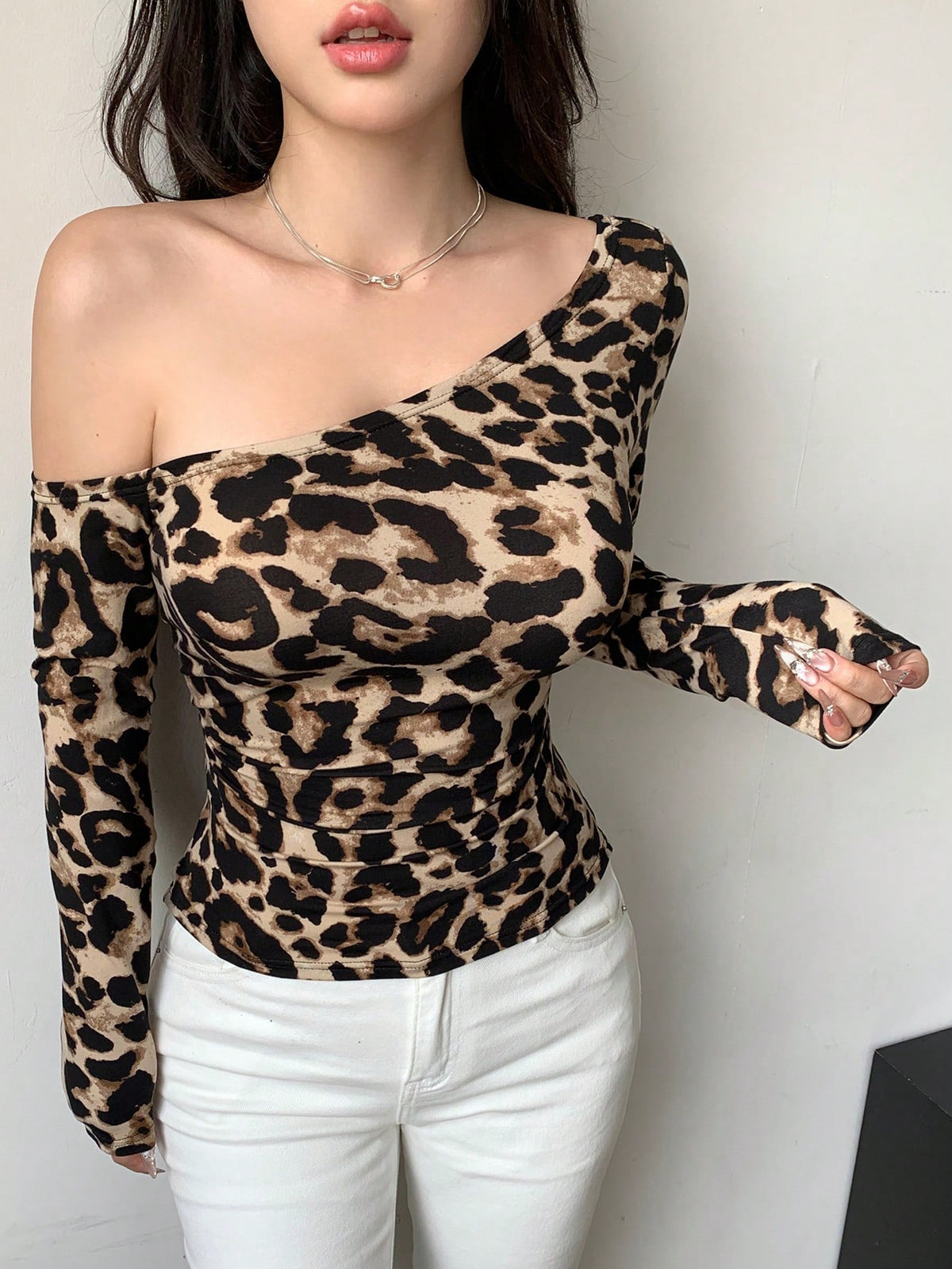 Dazy Star Women's Leopard Print Long Sleeve Asymmetrical Shoulder Fitted T-Shirt
