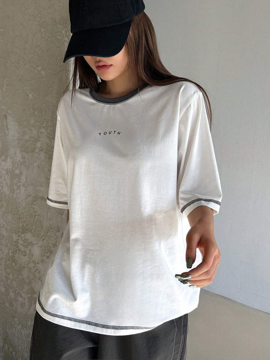 DAZY Stitching Decoration Contrast Color Letter Printed Loose Fit Short Sleeve Women's T-Shirt Summer Thin Clothing