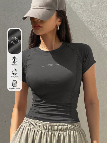DAZY Summer Ladies' Fashionable Athletic Slim-Fit Short-Sleeved T-Shirt With Letter Print And Raglan Sleeve Design School
