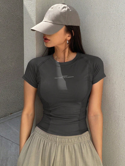DAZY Summer Ladies' Fashionable Athletic Slim-Fit Short-Sleeved T-Shirt With Letter Print And Raglan Sleeve Design School