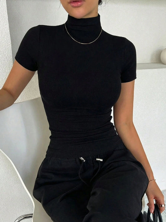 Dazy Tall Tall Women's Stand Collar Casual Solid Color Fitted Short Sleeve Top Summer
