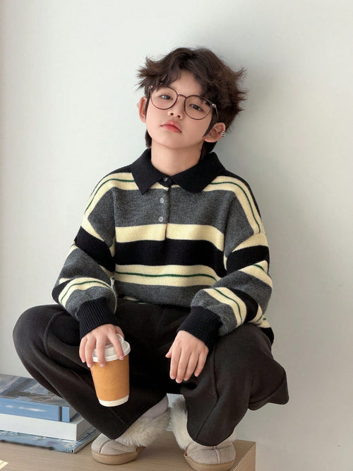 DAZY Tween Boy Striped Pattern Button Casual Versatile Long Sleeve Pullover Sweater