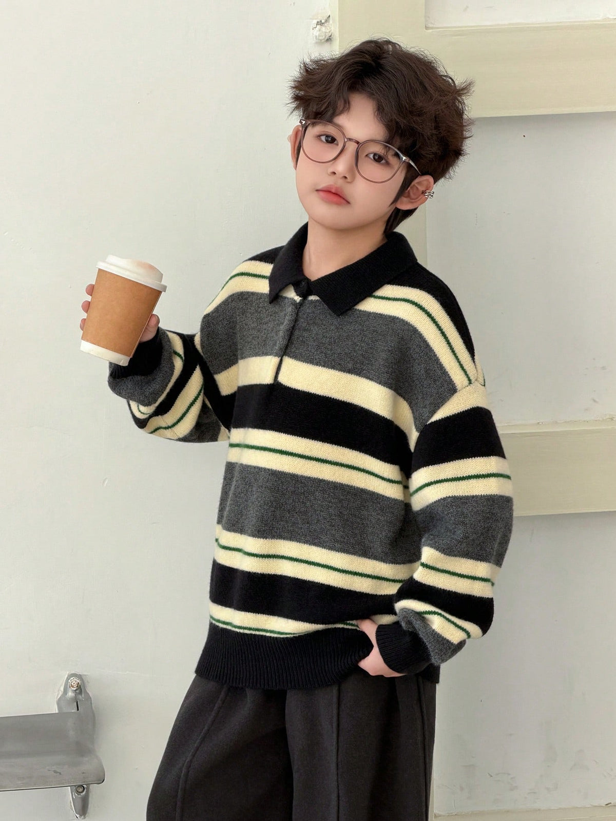 DAZY Tween Boy Striped Pattern Button Casual Versatile Long Sleeve Pullover Sweater